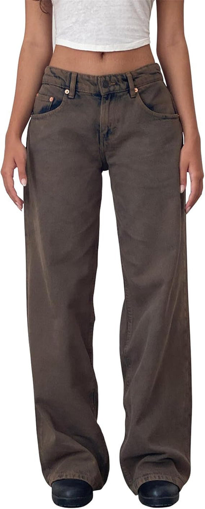 Vaqueros rectos de cintura baja de color liso retro casual para mujer