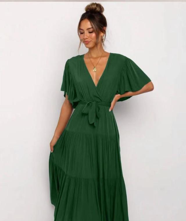 Summer Women Fashion Bohemian Style V-Neck Short Sleeve Maxi Dress