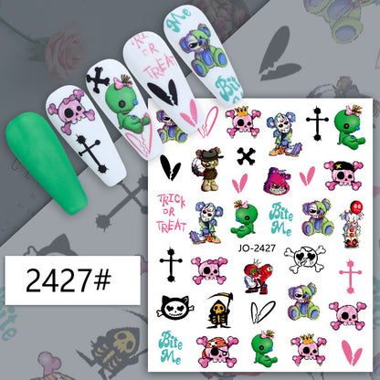 Autocollant pour ongles motif dessin animé d'Halloween, crâne, citrouille, chat noir, sorcière, gribouillage