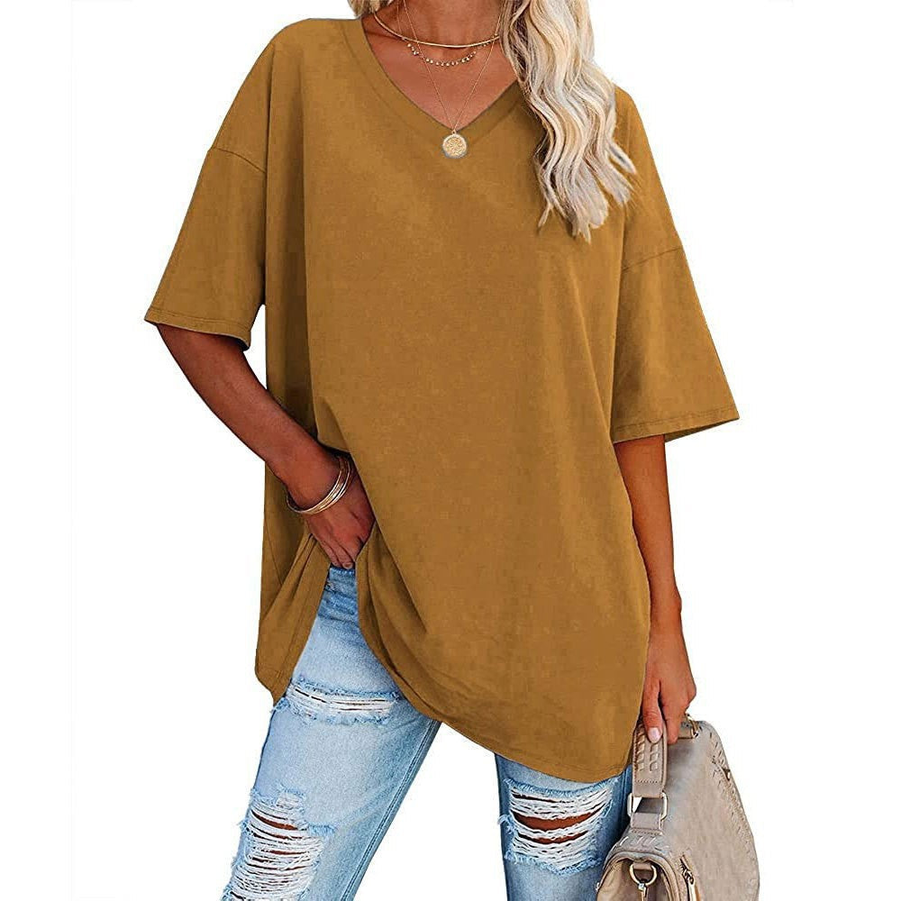 Camiseta informal holgada de manga corta con cuello en V para mujer, color liso