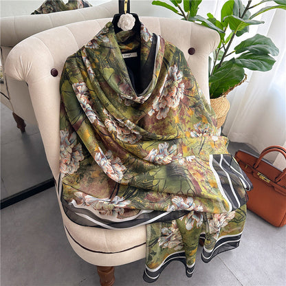 Summer Women Fashion Geometric Leaves Printed Silk Scarf