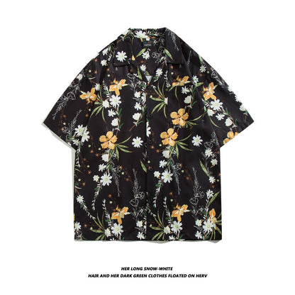 Men Casual Vintage Vacation Hawaii Tiny Flower Print Short Sleeve Lapel Shirt