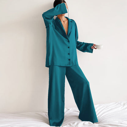 Women's Long-Sleeved Solid Satin Two-Piece Pajamas