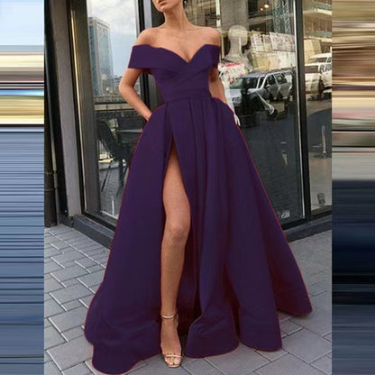 Women Sexy Elegant Satin Deep V-Neck Off Shoulder Party Dress