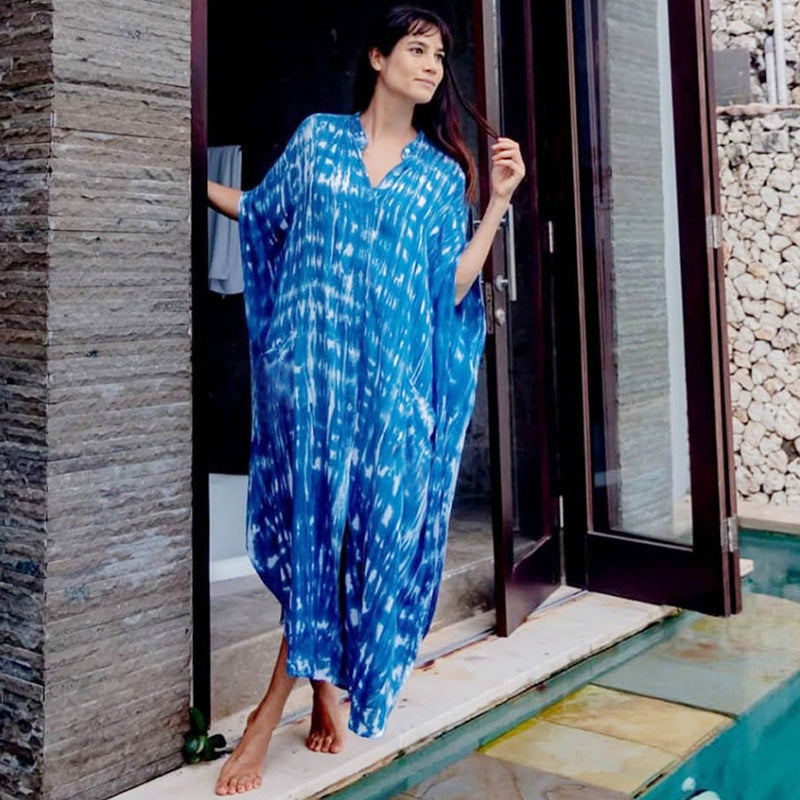 Women Fashion Summer Vacation Boho Style Leopard V Neck Loose Maxi Dress