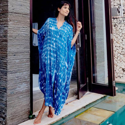 Women Fashion Summer Vacation Boho Style Leopard V Neck Loose Maxi Dress