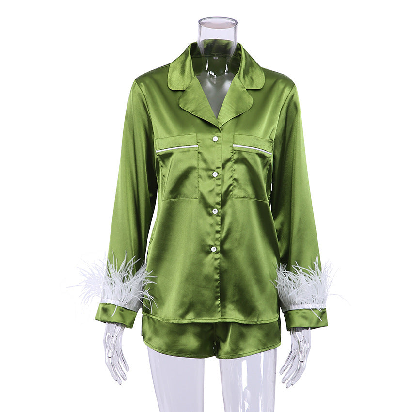 Women Fashion Loose Satin Ice Silk Long Sleeve Pajamas Set