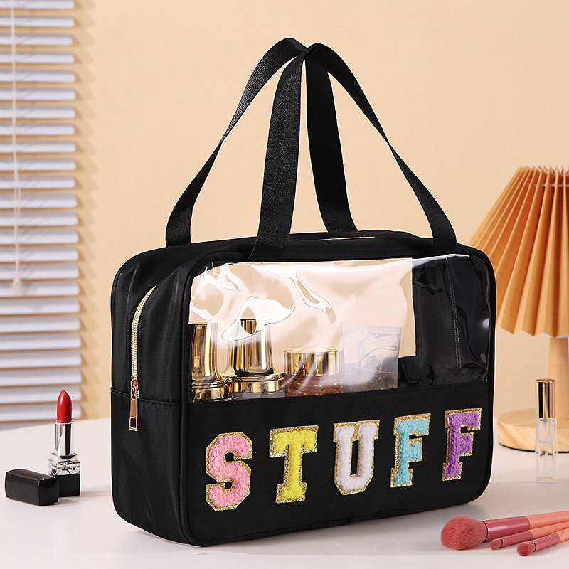 Bolsa de cosméticos transparente de PVC con letras bordadas