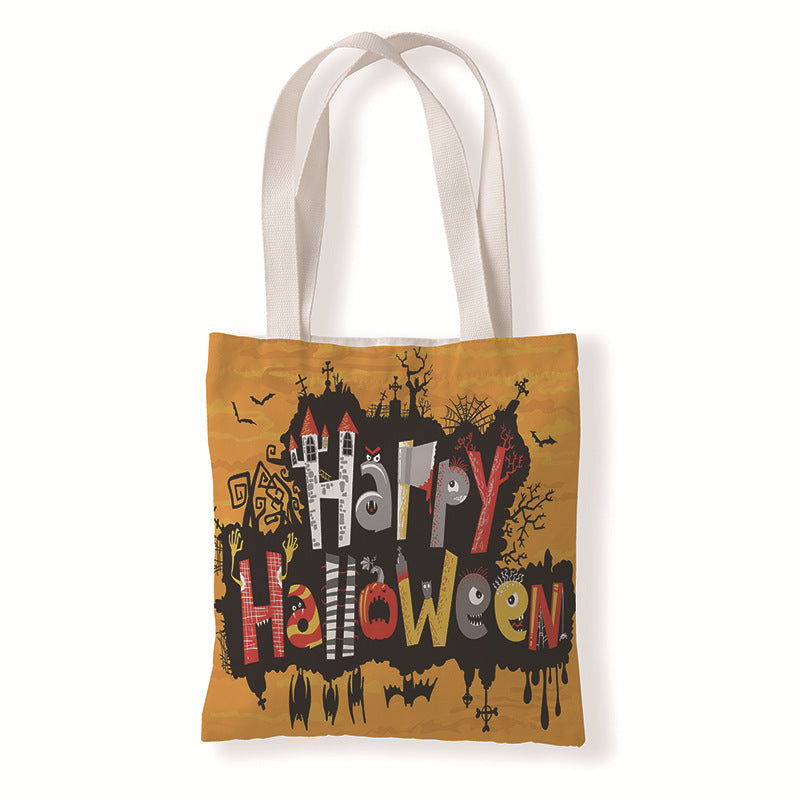Bolsa de lona con estampado de calabaza y murciélago de Halloween con dibujos animados