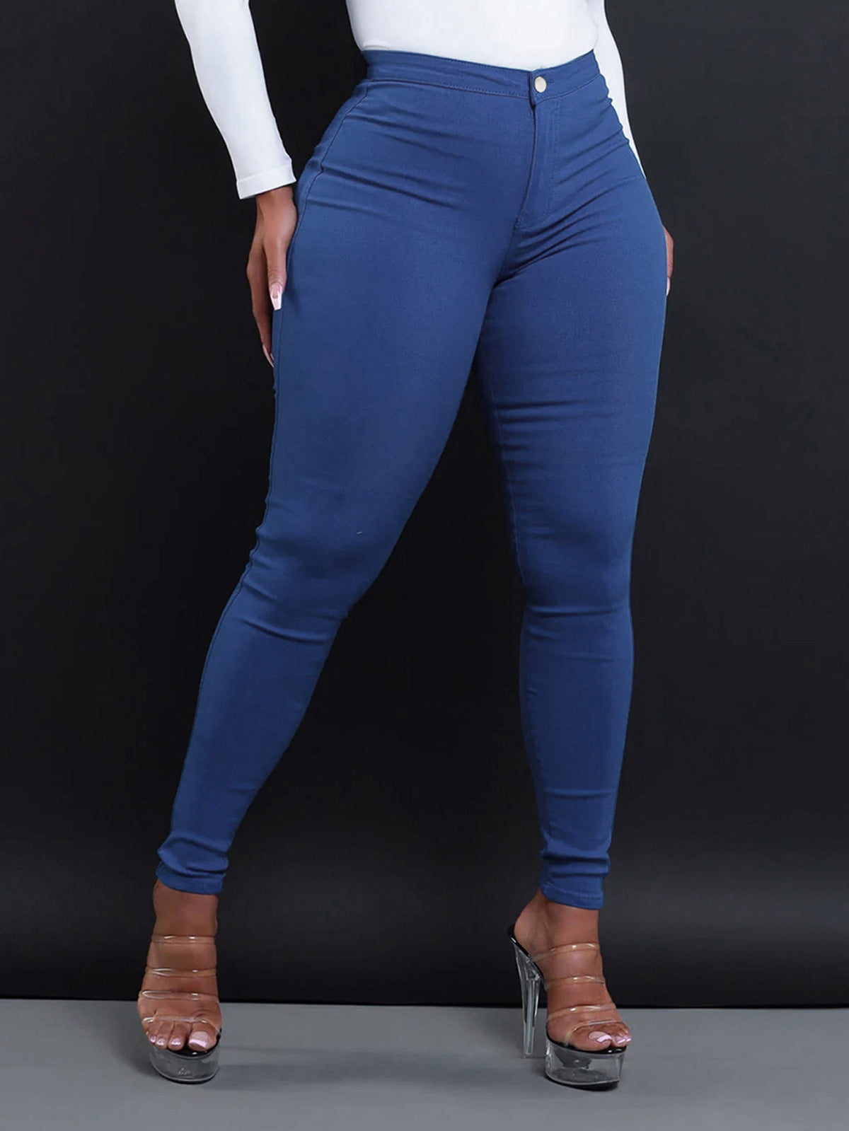 Women Fashion Solid Color Mid-Waist Tight Jeans