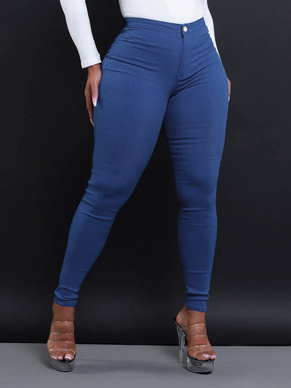 Women Fashion Solid Color Mid-Waist Tight Jeans