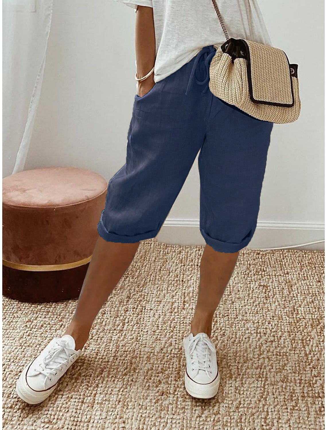 Pantalones casuales de lino y algodón de color liso a la moda para mujer