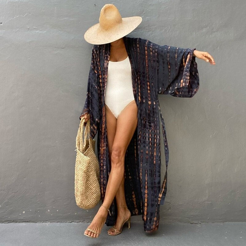 Long Sleeve Printing Waist Tied Casual Loose Long Beach Bikini Cardigan Cover-Up