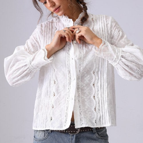 Embroidered Lace Ruffled Button Down Shirt
