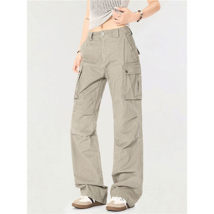 High Street Straight Cargo Pants Multi Pocket Pleated Slim