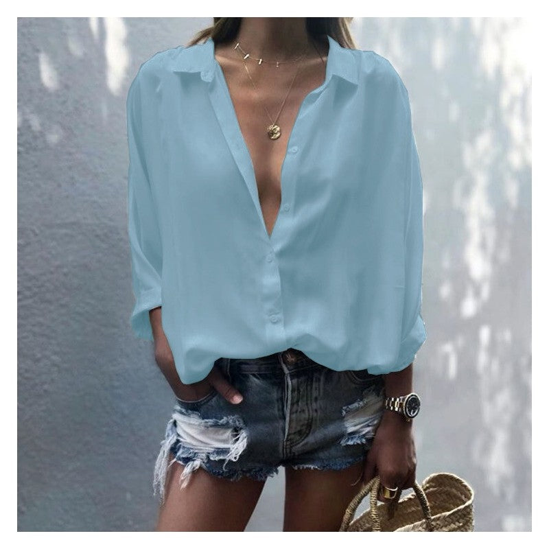 Ladies Deep V Neck Button Chiffon Shirt
