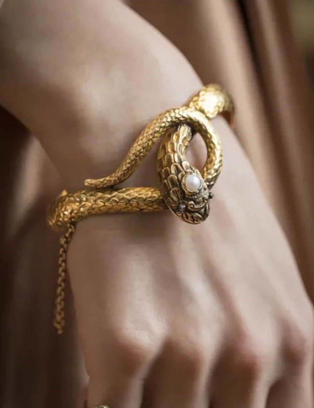 Vintage Gold Snake Bracelet with Pearl Detail