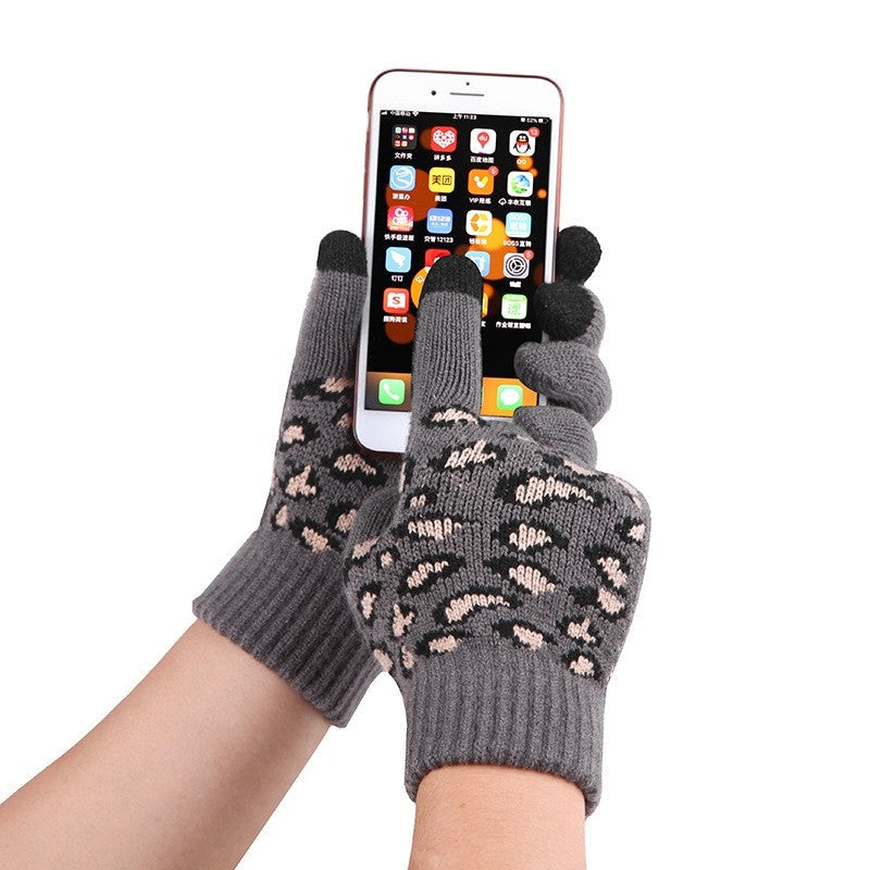 Leopard Print Warm Wool Hat Scarf Gloves Three-Piece Set