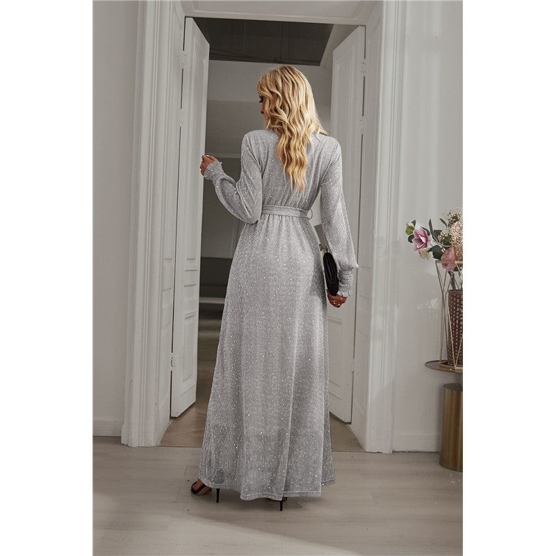 Solid Color Long Sleeves V-Neck Waist Tied Slit Glitter Maxi Evening Dress