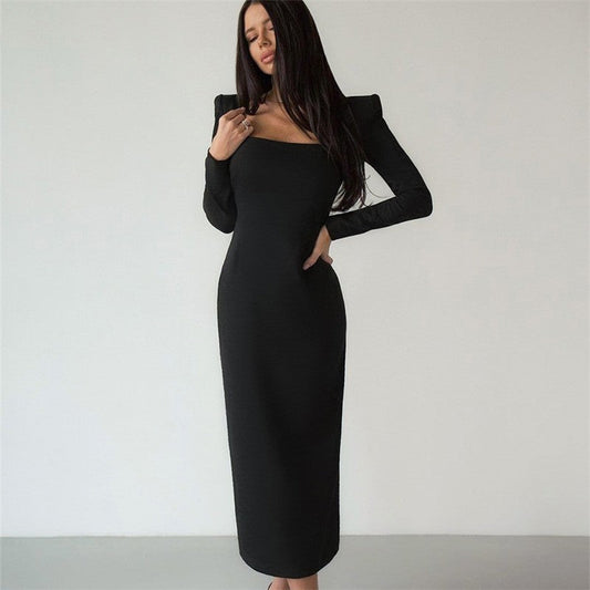 Solid Color Square Neck Long Sleeve Long Bodycon Dress