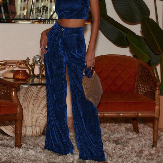 Loose Fit Button Wide Leg Trousers In Velvety Fabric