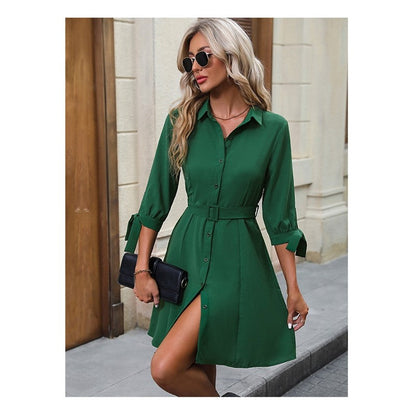 Solid Lapel Adjustable Belt Long Sleeve Dress