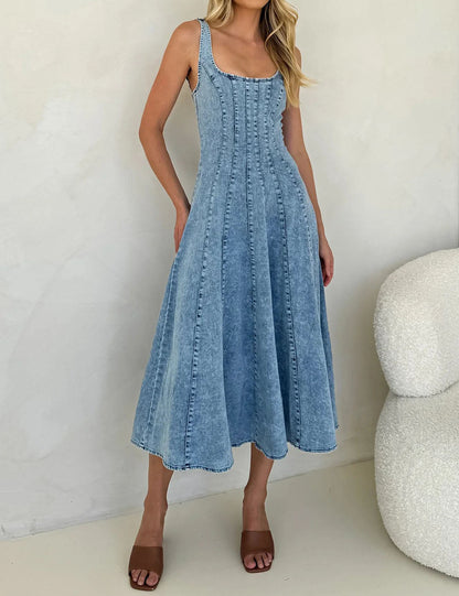 Distressed Sleeveless Strap Drnim Dress