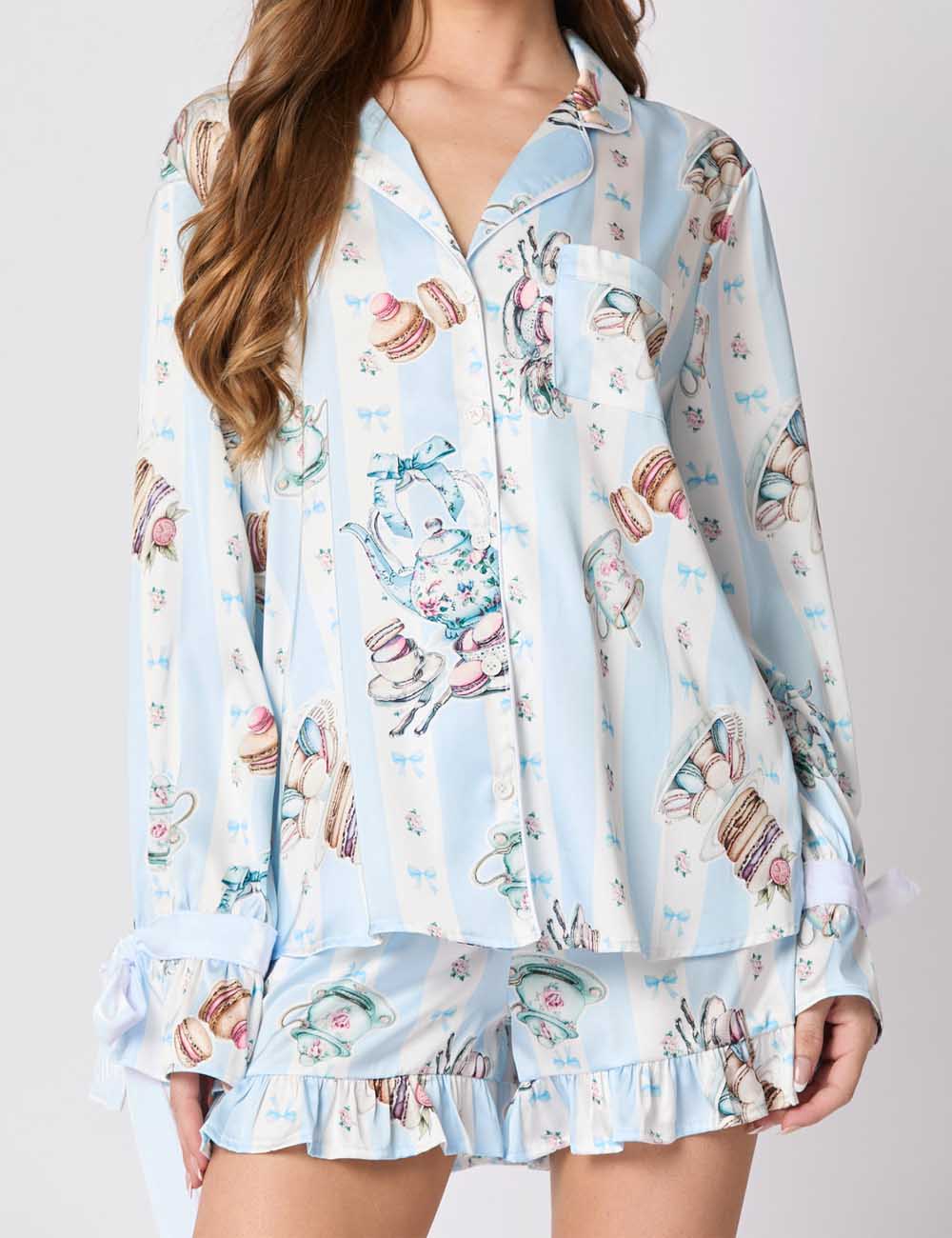 2 Pcs Cute Flower Print Satin Ruffled Pajamas Set