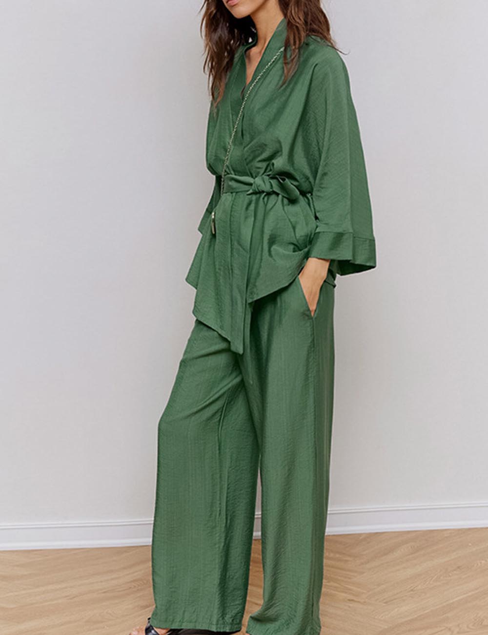 Casual Kimono Robe Pajamas Set With Belt