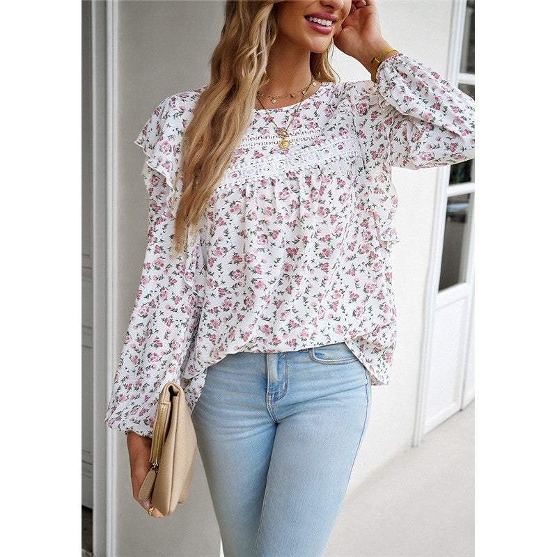 Round Neck Long Sleeve Floral Shirt