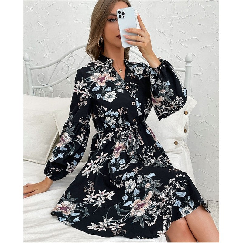 Black Vintage Long Sleeve Printed Dress