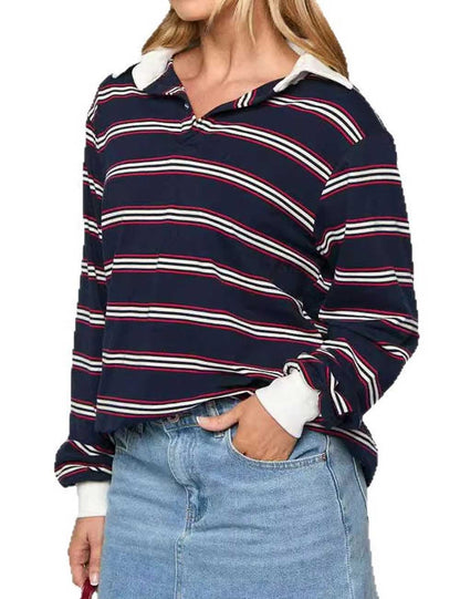 Color Block Lapel Collar Striped Pullover Top