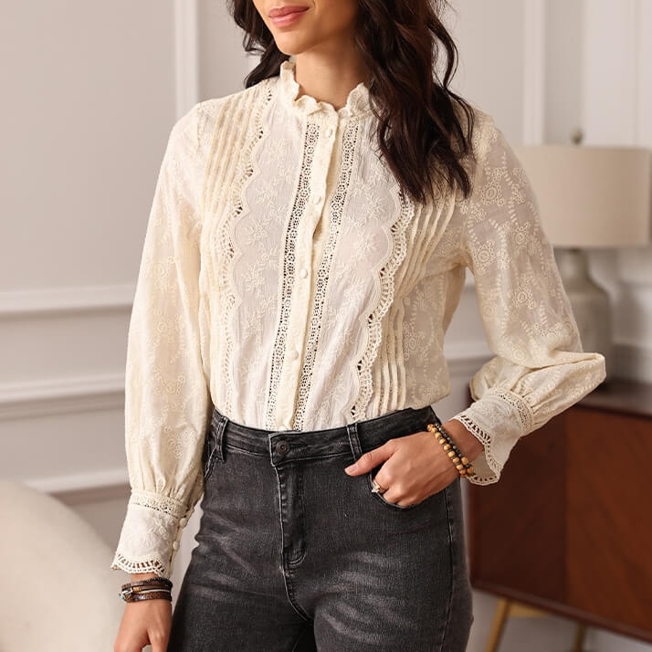 Embroidered Lace Ruffled Button Down Shirt