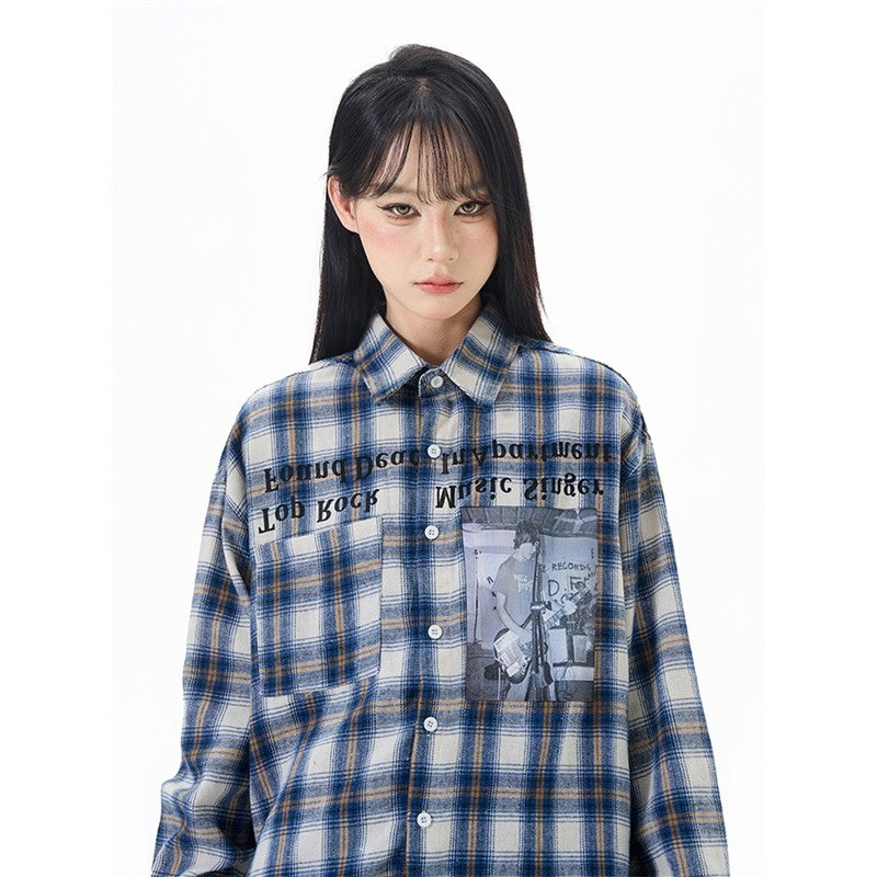 Letter Print Long Sleeve Plaid Shirt