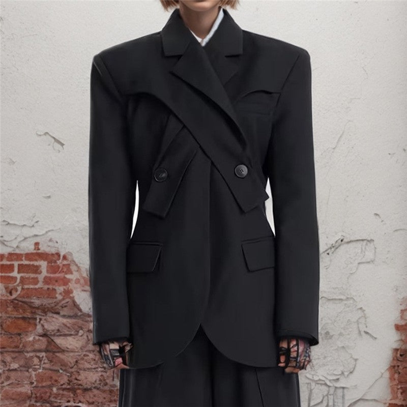 Solid Color Long Sleeve Lapel Irregular Collar Blazer Outerwear