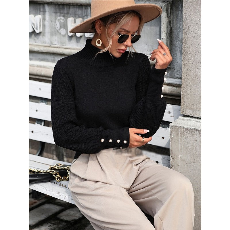 Solid Color Long Sleeve High Neck Casual Loose Pullover Knitted Sweater