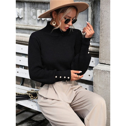 Solid Color Long Sleeve High Neck Casual Loose Pullover Knitted Sweater