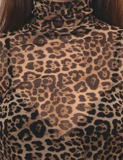 Leopard Print HIgh Collar Slim Fit Sexy Mesh Top