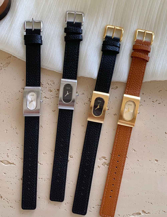 Rectangular Steel Dial Leather Strap Watch