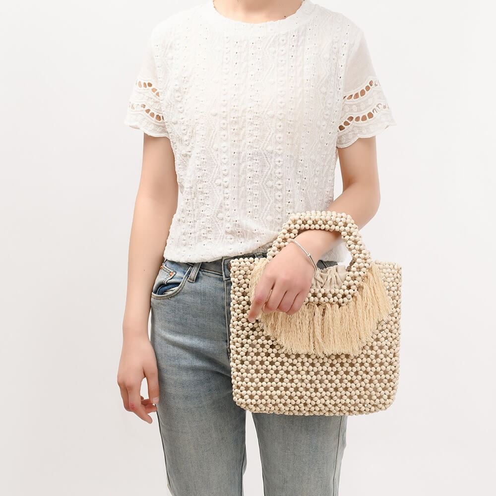 Casual Fringe Handmade Wooden Bead Bag