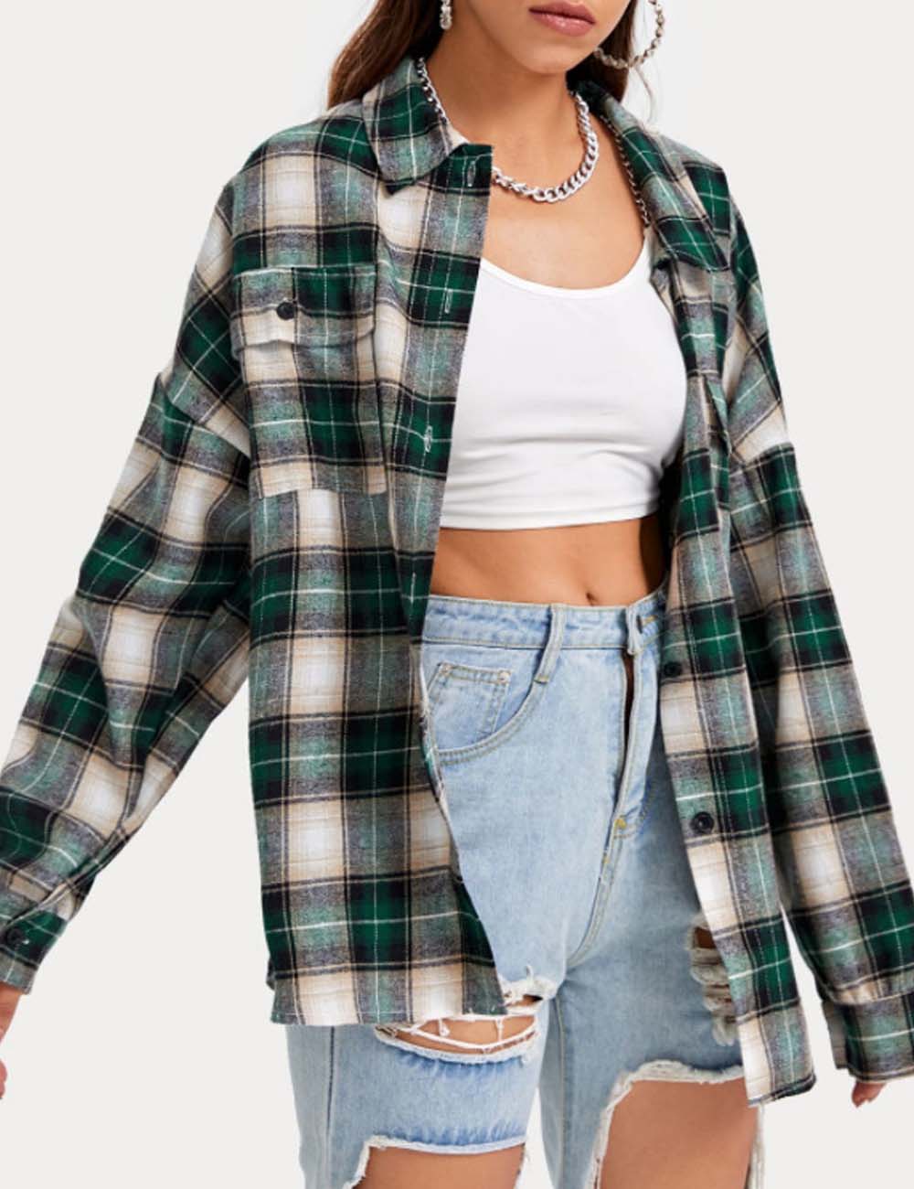 Vintage Plaid Lapel Collar Button Down Shirt