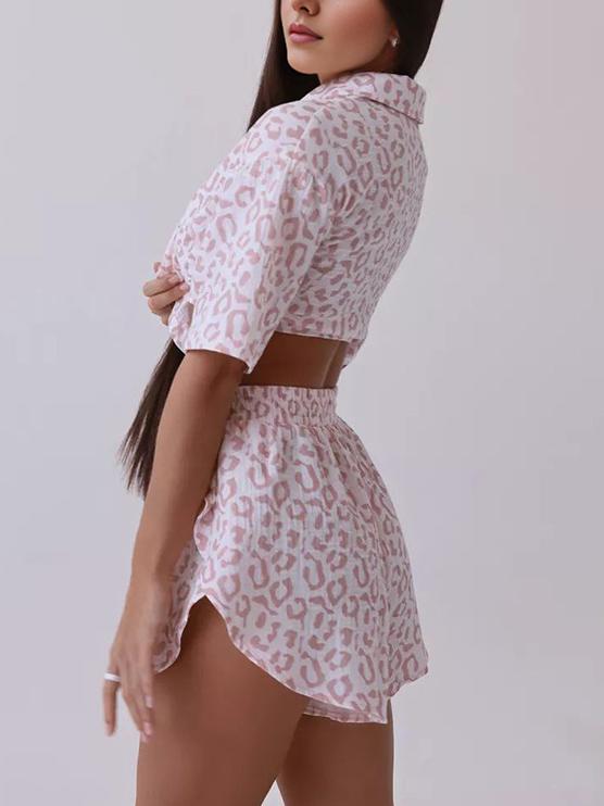 Print Button Down Top Shorts Loungewear Set