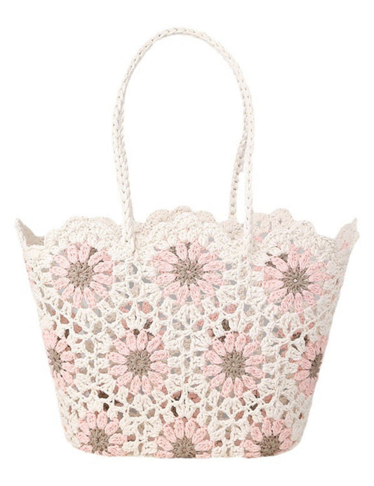 Hollow Out Flower Woven Shoulder Tote Bag