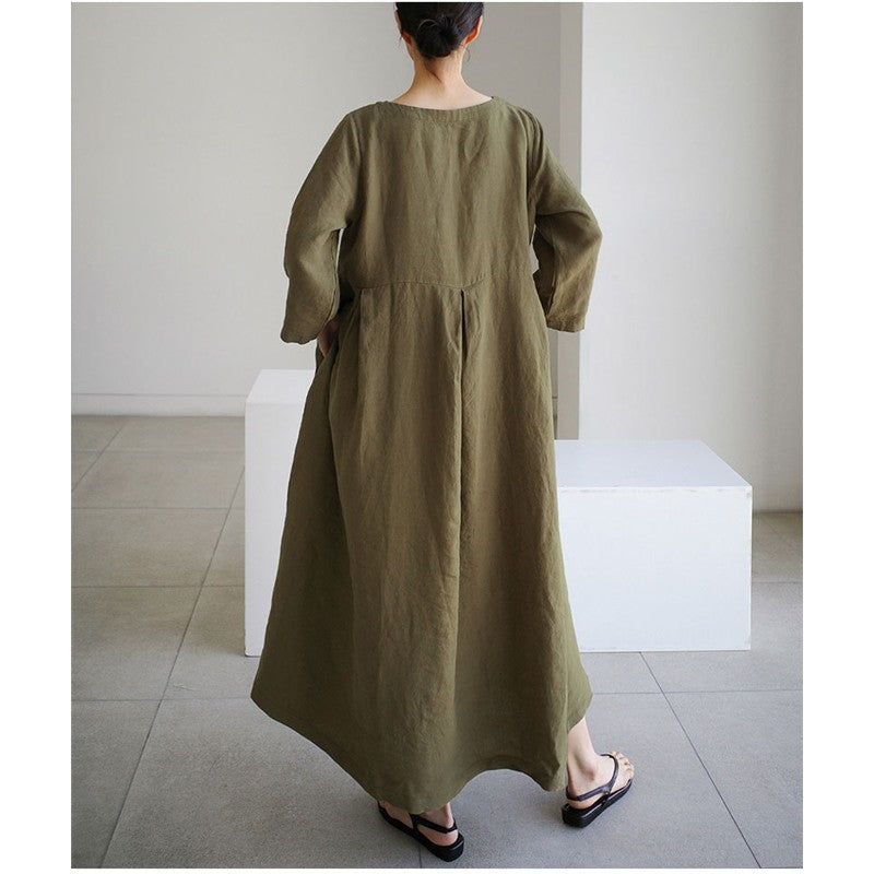 Solid Color Long Sleeve Crewneck A-Line Large Hemline Casual Loose Maxi Dress