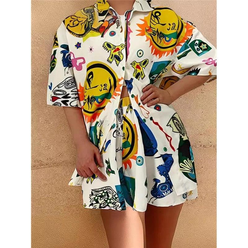 Color Block Shirt Shorts Casual Set