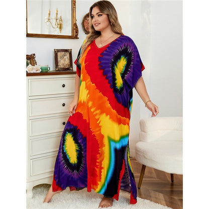 Contrast Color Printing V-Neck Short Sleeve Casual Loose Long Beach Dress Bikini Cover-Up