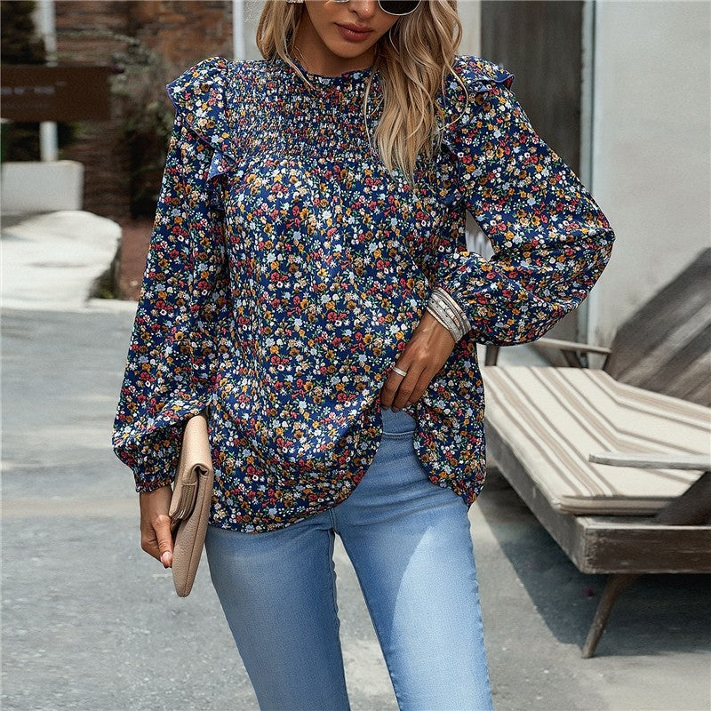 Crewneck Long Sleeves Floral Printed Casual Loose Blouse