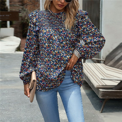 Crewneck Long Sleeves Floral Printed Casual Loose Blouse