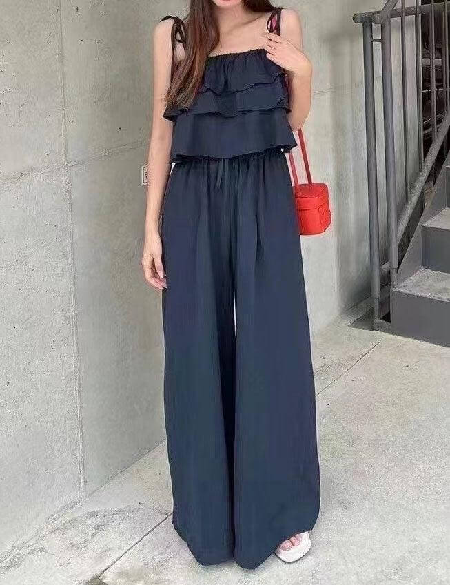 Flounce Sleeveless Tops and Pants Sets