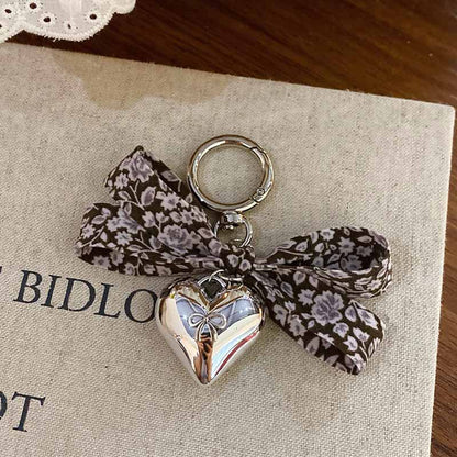 Elegant Floral Print Bow Heart Keychain Charms